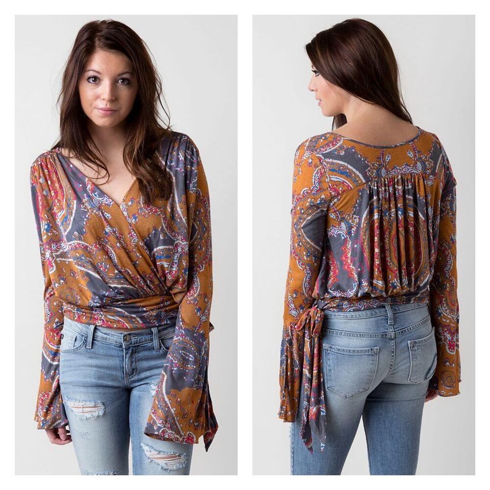 Free People Boho Faux Wrap Tie Waist Bell Sleeve Top In Golden Combo Size M